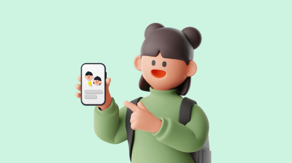 휴대폰으로 간편하게 사용할 수 있는 틴즈넘버, 학생이 들고 있는 휴대폰에 틴즈넘버 그래픽이 보이는 이미지